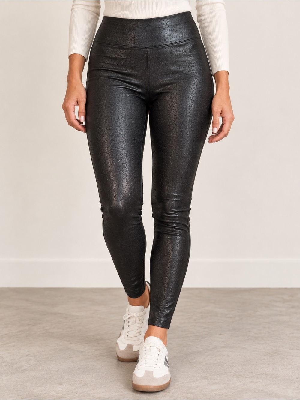 SPANX Faux Leather Leggings Large Black High Rise Crackle Shimmer
